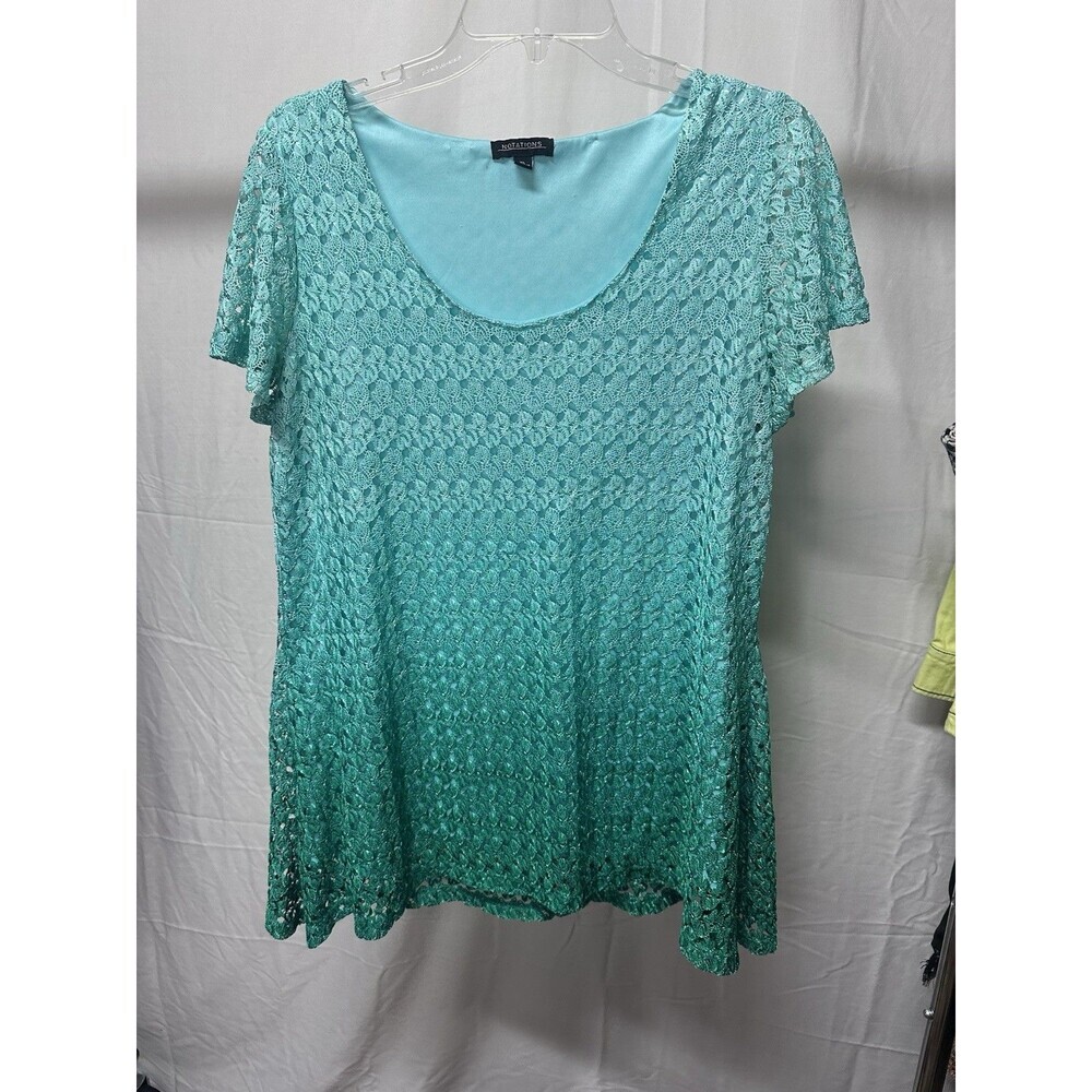 Notations Womens Aqua Lace Overlay Blouse Short Sleeve Scalloped Hem Size XL